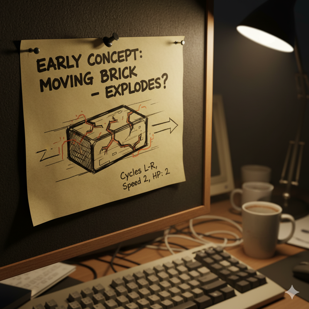 Early concept sketch of a moving brick with 'EXPLODES?' note.